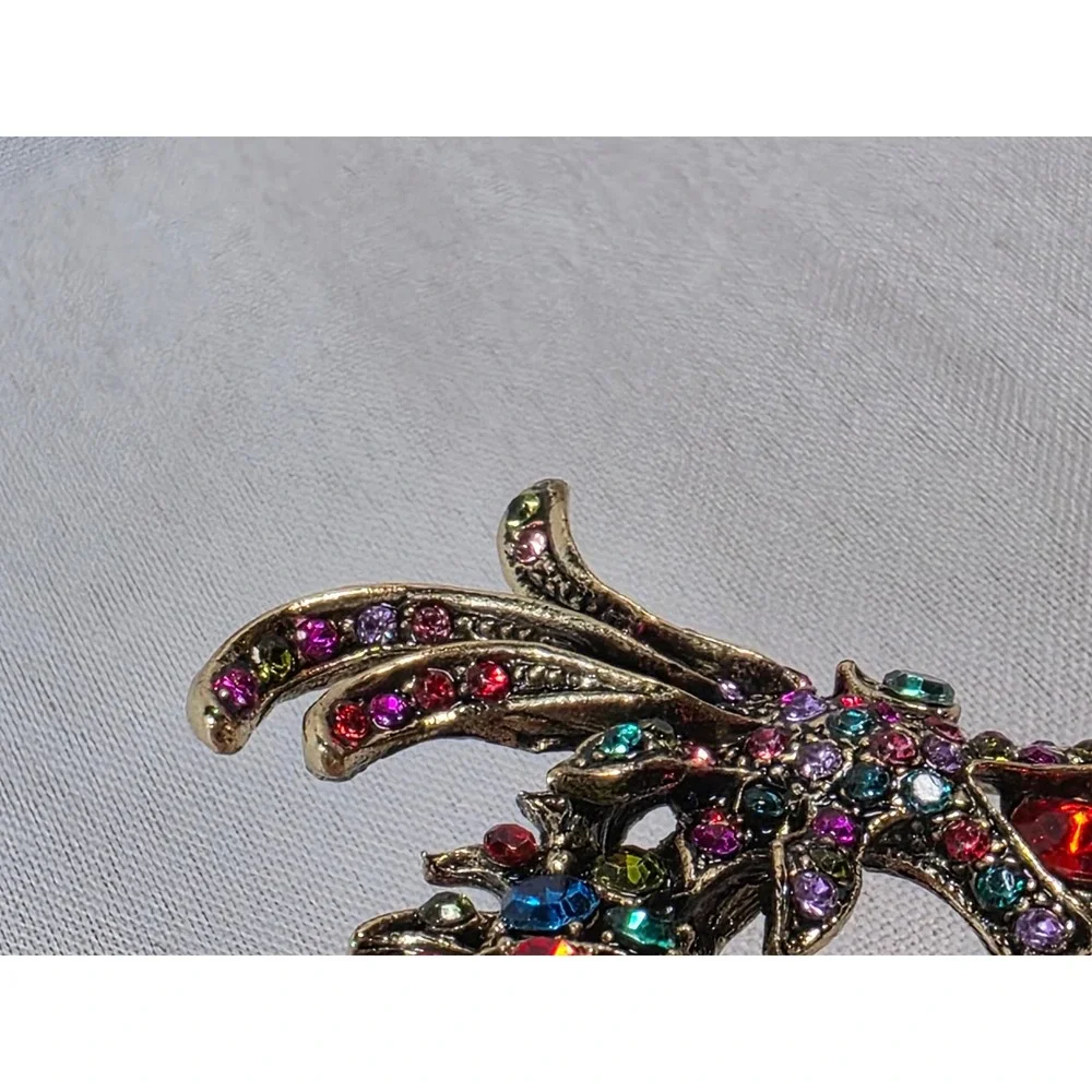 Multicolor Rhinestone Dragon Brooch Antique‎ Gold Tone Crystal Mythical Pin 4 In